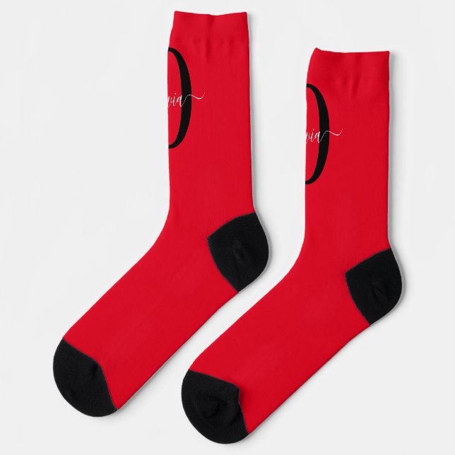 Calcetines Monograma personalizado Nombre de guión rojo blanc (Izquierda)