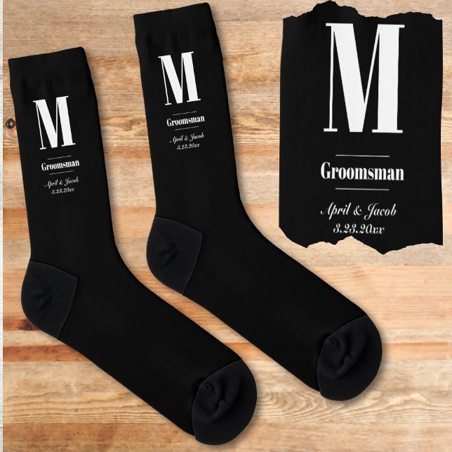 Calcetines Monograma simple Boda de regalo inicial para los G (Black groomsmen gift best man socks monogram initial couple wedding date name groomsman sock present)