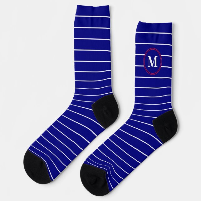 Calcetines Monograma tradicional de franjas azul y blanca de  (Izquierda)