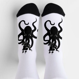 Calcetines Monstruo marino azul y kraken negro con barco