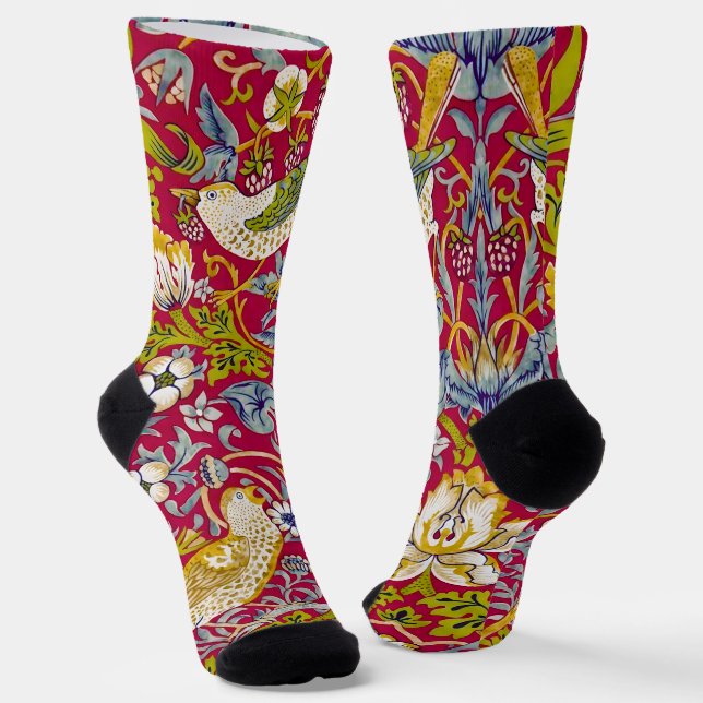 Calcetines Morris Red Background Strawberry Thief Pattern (Angular)