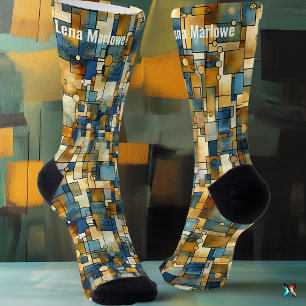 Calcetines Mosaico Abstracto en Azul y Dorado Contemporáneo