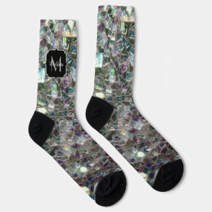 Calcetines Mosaico gris plateado brillante con monograma fals