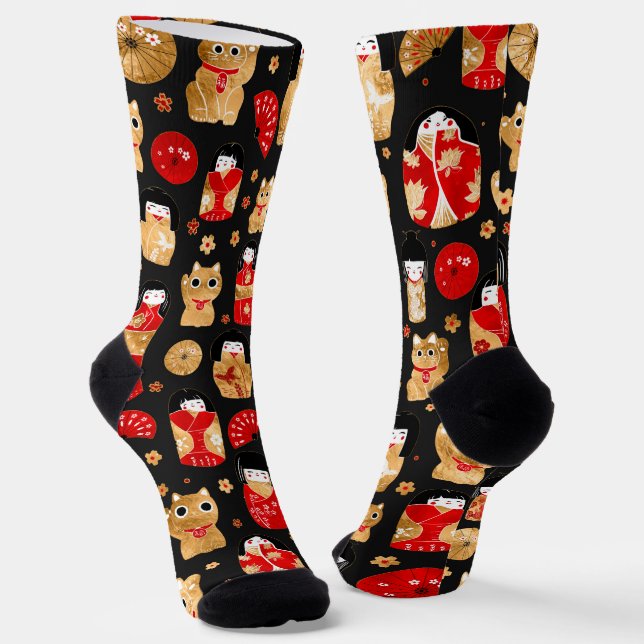 Calcetines Muñecas japonesas - Gatos Kokeshi y Maneki Neko (Angular)