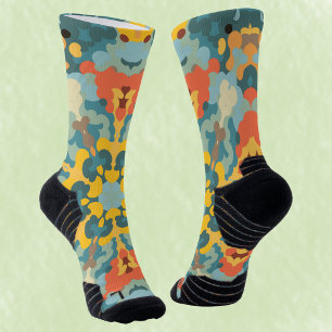 Calcetines Naranja azul retro Mandala y amarillo