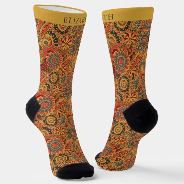 Calcetines Naranja rojo amarillo Patrón azteca verde paisley (Angular)