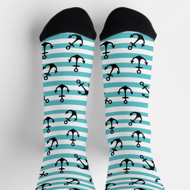 Calcetines Nautical Blue White Stripes Anchys Cruise Ship (Arriba)