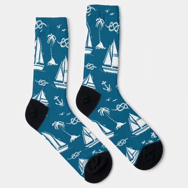 Calcetines Nautical Paradise: Blue Sailing Boat & Palm Socks (Derecha)