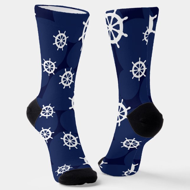 Calcetines Náuticos Nautical Ships Wheel Navy Patrón azul y b (Angular)
