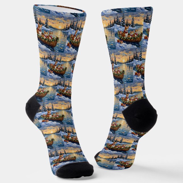 Calcetines Navidad de Corgi en Barco Fiesta (Angular)