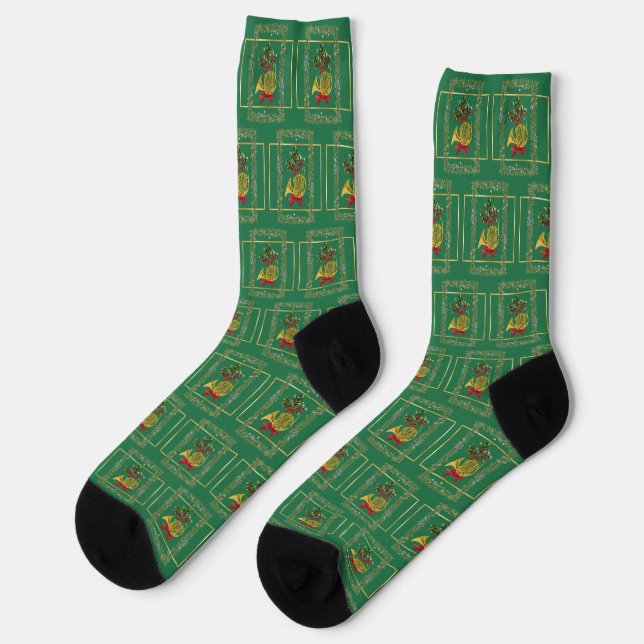 Calcetines Navidad elegante de cuerno francés verde (Izquierda)