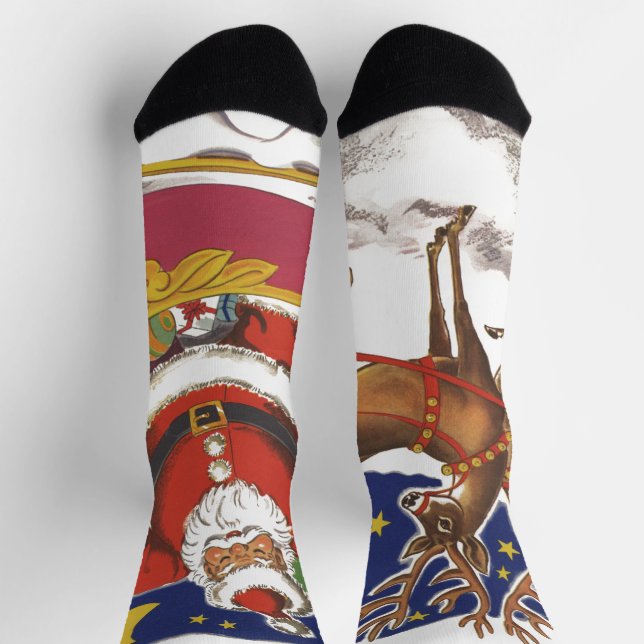 Calcetines Navidad Vintage, alegre Santa Claus con trineo (Arriba)