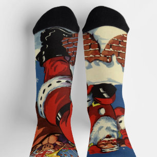 Calcetines Navidad Vintage, Santa Claus Bajando por la Chimen