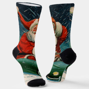 Calcetines Navidad Vintage, Santa Claus en un Coche Encantado