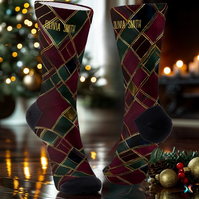 Calcetines Navidades artísticos de Borgoña y Verde Personaliz (Subido por el creador)