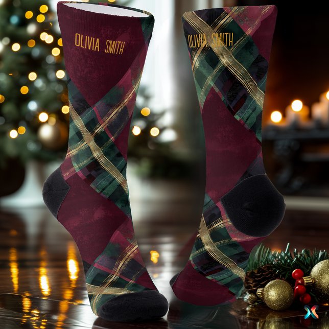 Calcetines Navidades artísticos de Borgoña y Verde Personaliz (Subido por el creador)