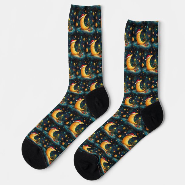 Calcetines Navidades divertidos celebran la galaxia lunar (Izquierda)
