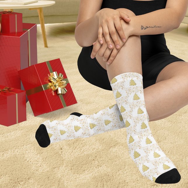 Calcetines Navidades Estrellas de oro, árboles y adultos unis (Christmas Gold Stars, Trees & White Unisex Adult Socks)