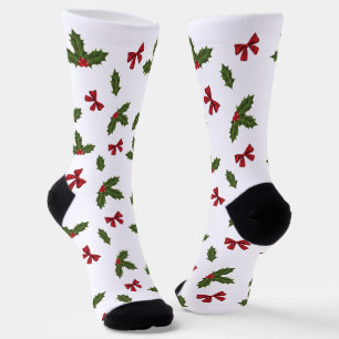 Calcetines Navidades Patrón Común Planta Holly Y Barras Rojas
