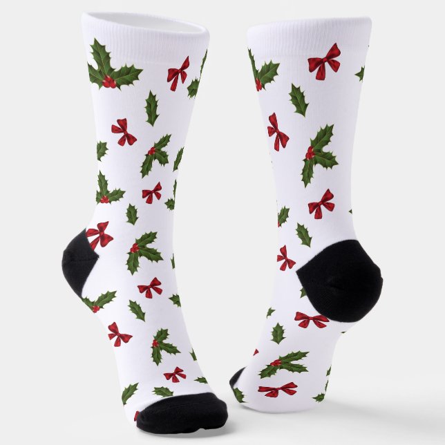 Calcetines Navidades Patrón Común Planta Holly Y Barras Rojas (Angular)