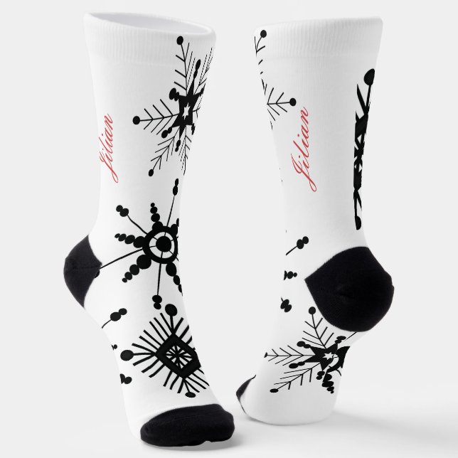 Calcetines Navidades Snowflakes Black Script Name Red (Angular)