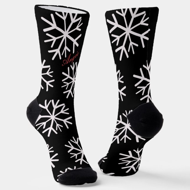 Calcetines Navidades Snowflakes Black White Script Name (Angular)
