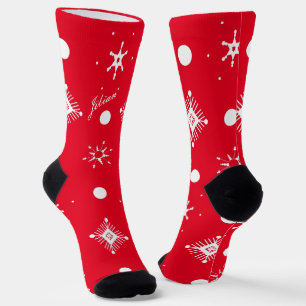 Calcetines Navidades Snowflakes Black White Script Name Red S