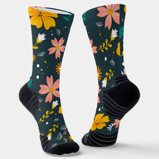 Calcetines Navy Floral Garden Whimsical Spring Pattern (Angular)