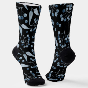 Calcetines Negro de moda con bayas botánicas azules