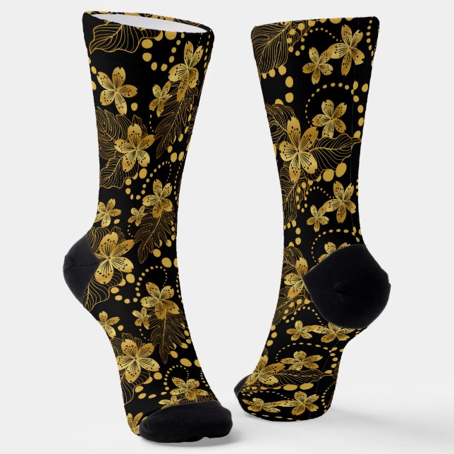 Calcetines Negro y oro Patrón de flores y hojas tropicales (Angular)