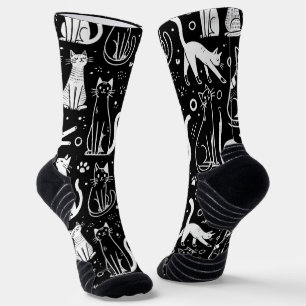 Calcetines negros con Moda de patrón de gato blanc