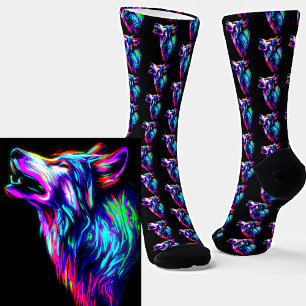 Calcetines Neon Glow Wolf Head on Black