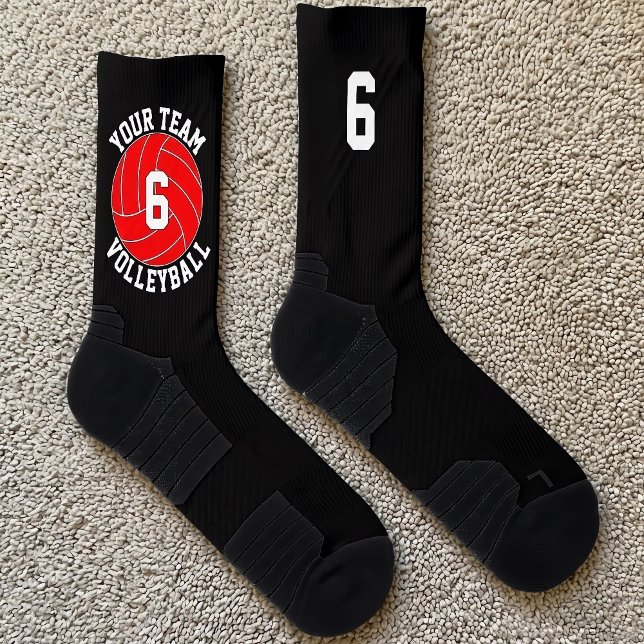Calcetines Nombre de equipo personalizado y número de jugador (Personalized volleyball socks for volleyball players and teams with red team colors.)