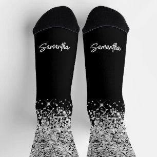 Calcetines Nombre de letra de pincel plateado negro brillante