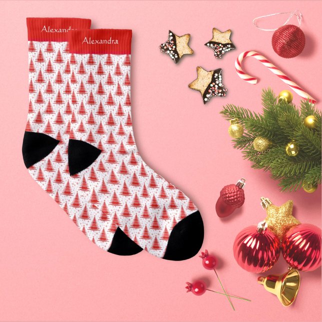 Calcetines Nombre personalizado del patrón rojo del árbol de  (Subido por el creador)