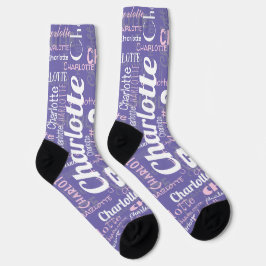 Calcetines Nombre personalizado Patrón de graffiti púrpura ro