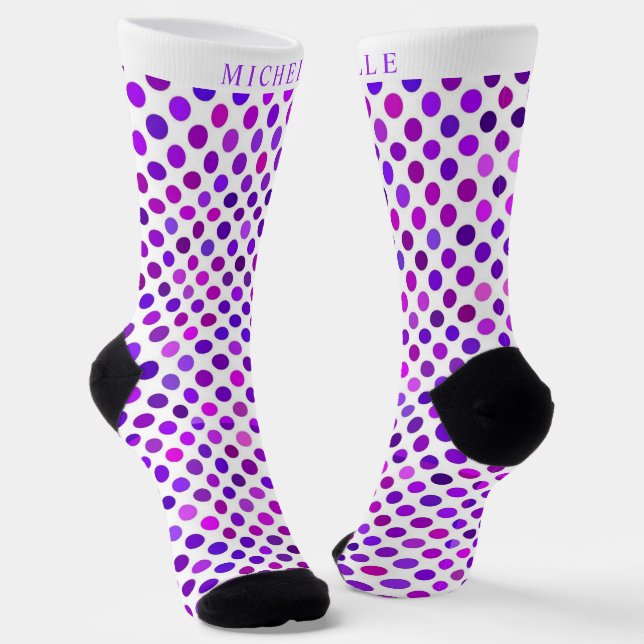Calcetines Nombre personalizado Punto de Polka Blanco Violeta (Angular)