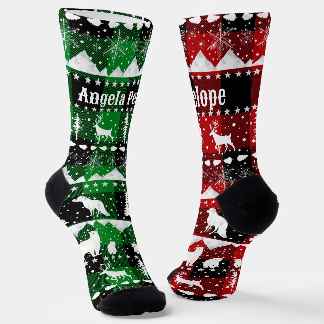 Calcetines Nórdicos Sweater Winter Animals Green Red Plaid (Angular)
