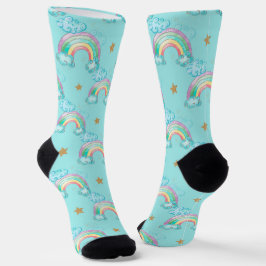 Calcetines Nubes de arcoiris y estrellas en fondo azul
