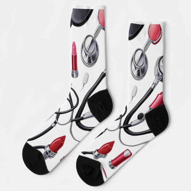 Calcetines Nurse Glam – Stethoscope & Lipstick Pattern (Izquierda)