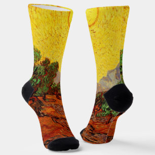 Calcetines Olivos con cielo amarillo y sol de Van Gogh