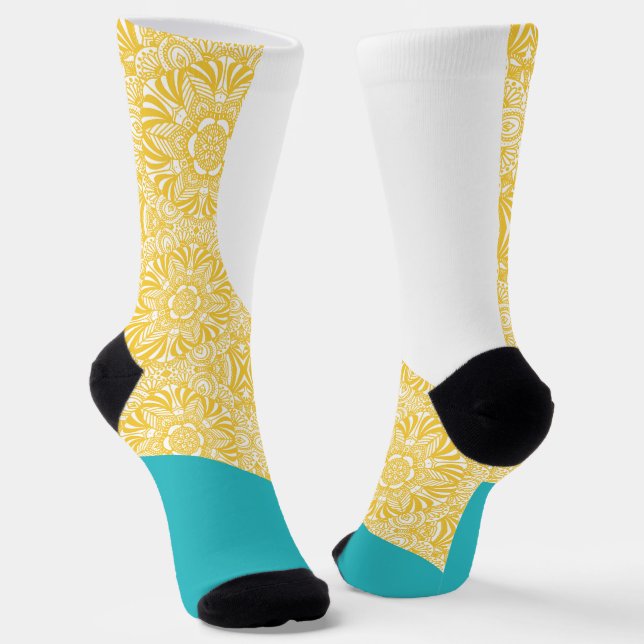 Calcetines Ondas simples - Patrón floral Turquesa y Amarillo (Angular)