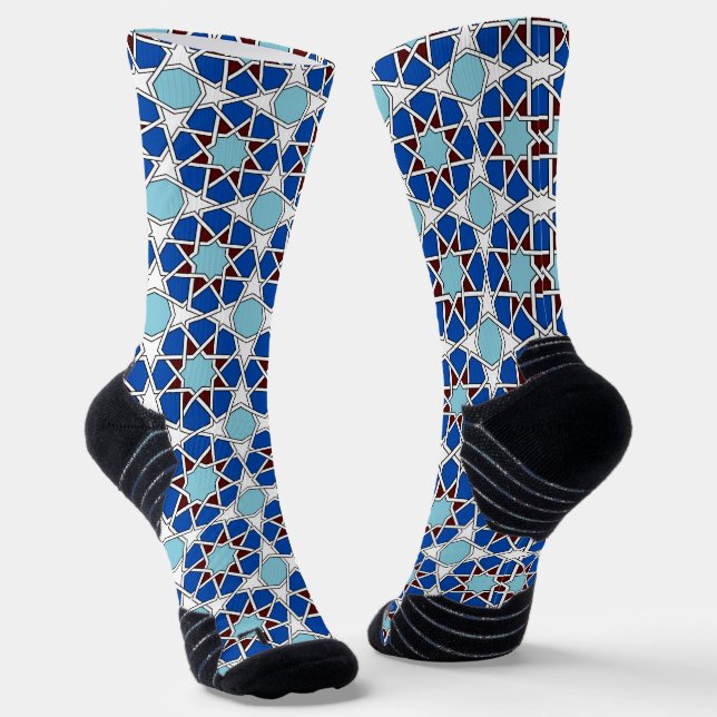 Calcetines Oriental Azul Blanco Marroquí Geométrico Arabesco (Angular)