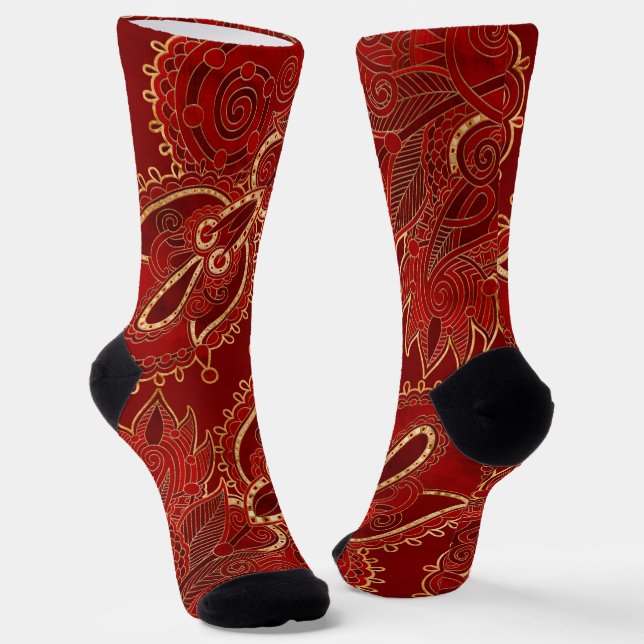Calcetines Ornamento floral Paisley Ruby rojo y oro (Angular)