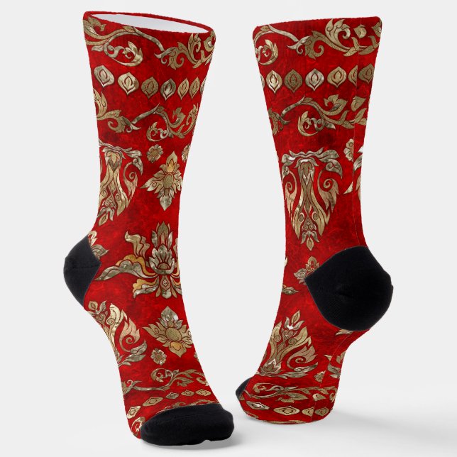 Calcetines Ornamento tailandés - Oro y rojo (Angular)