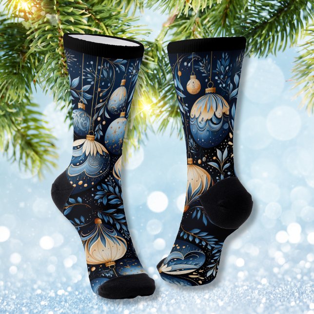 Calcetines Ornamentos mágicos de invierno azules y dorados (Subido por el creador)