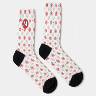 Calcetines Oro Rojo Patrón de copos de nieve Monograma