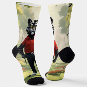 Calcetines "¡Oro! Un tigre negro jugando golf en el bosque"