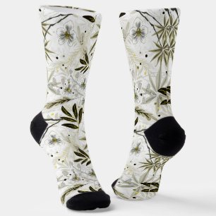 Calcetines orquídeas blancas con hojas tropicales de oliva