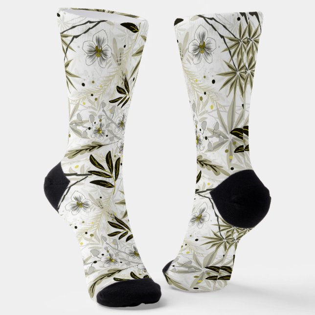 Calcetines orquídeas blancas con hojas tropicales de oliva (Angular)